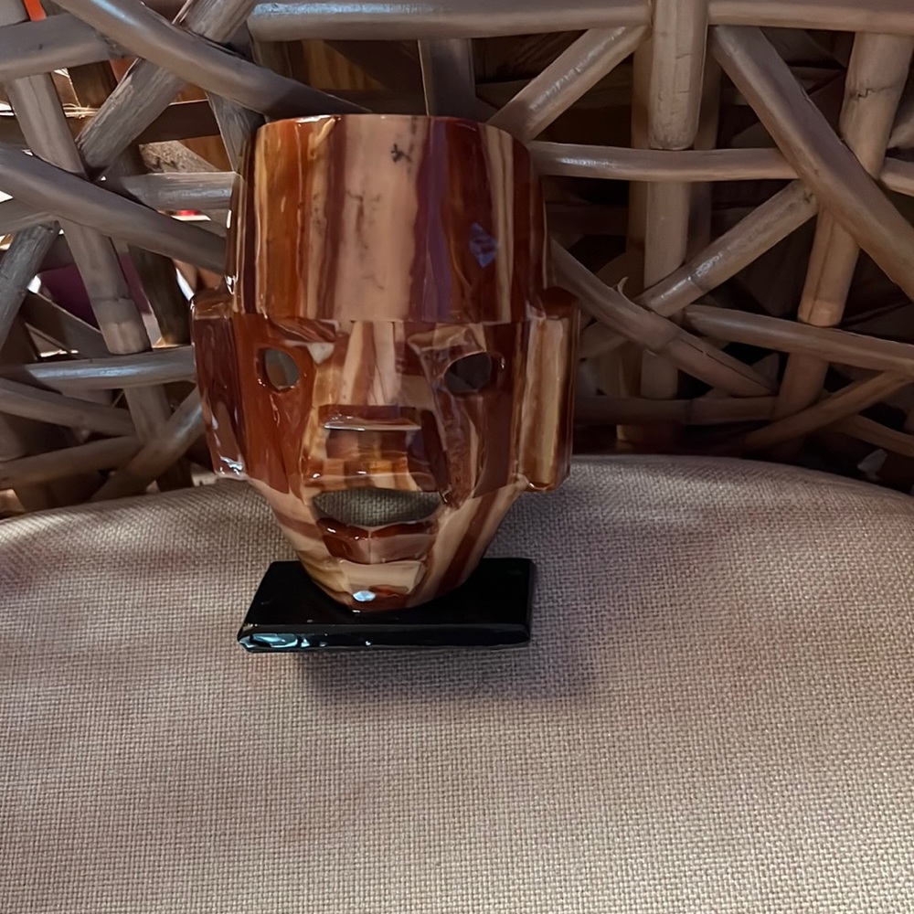 New Abalone Stone Face Totem Mask with Black Marble Stand Unique